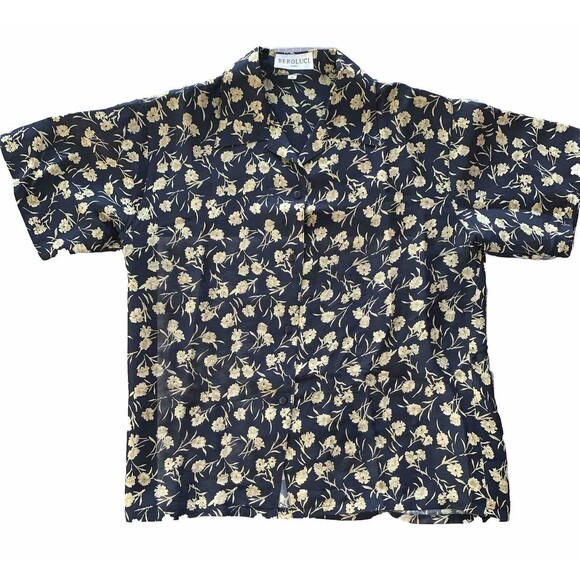 Beroluci of Paris 100% Silk Women's Sport Btn Blouse Dark Blue Tan Floral SMALL - Picture 8 of 10